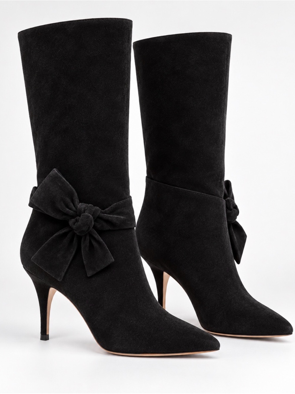 Valentino Garavani Black Suede Bow Knee High Boots 38.5 Pointed Toe Heels Italy